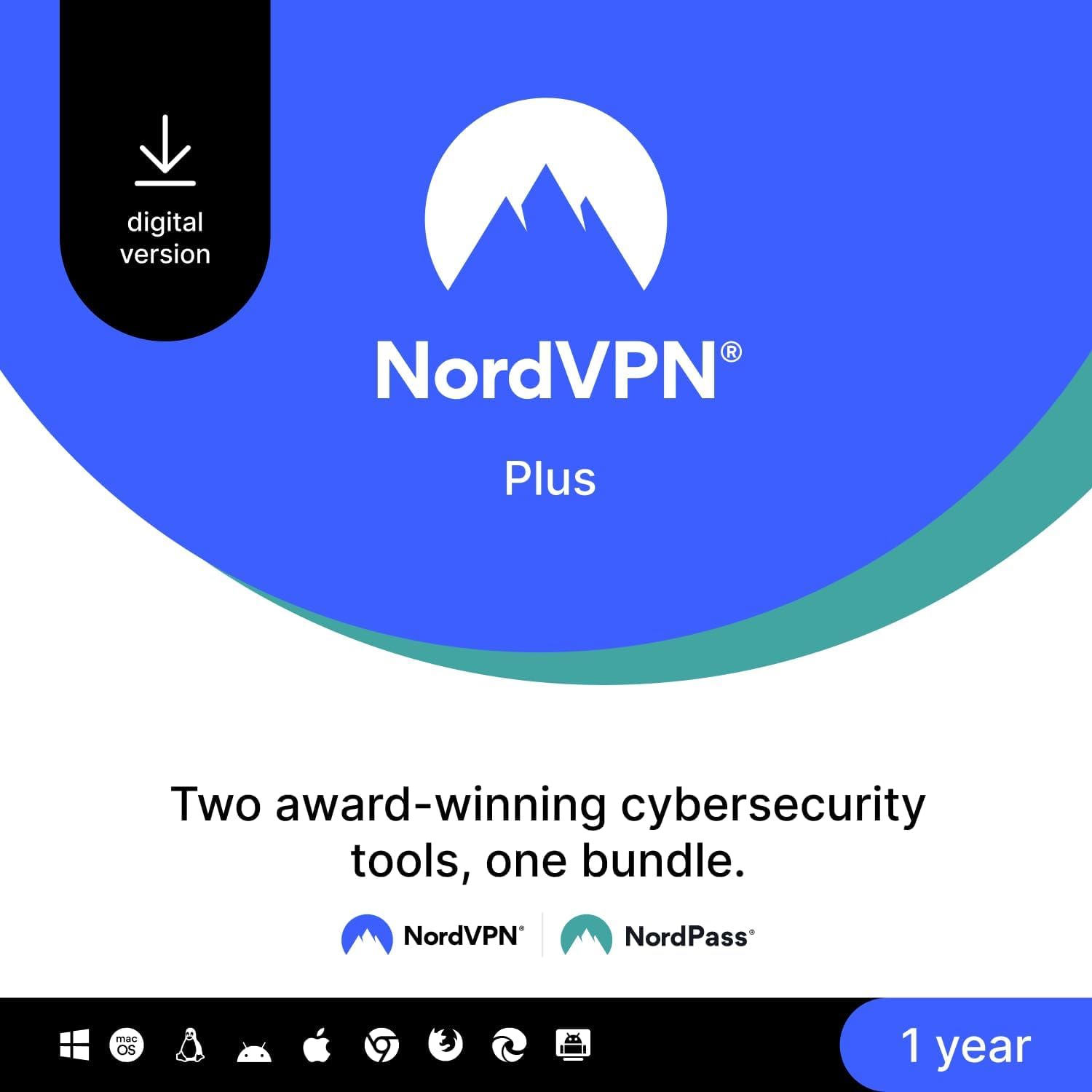 NordVPN Plus, 1-Year, VPN & Password Manager Software Bundle, Digital Code