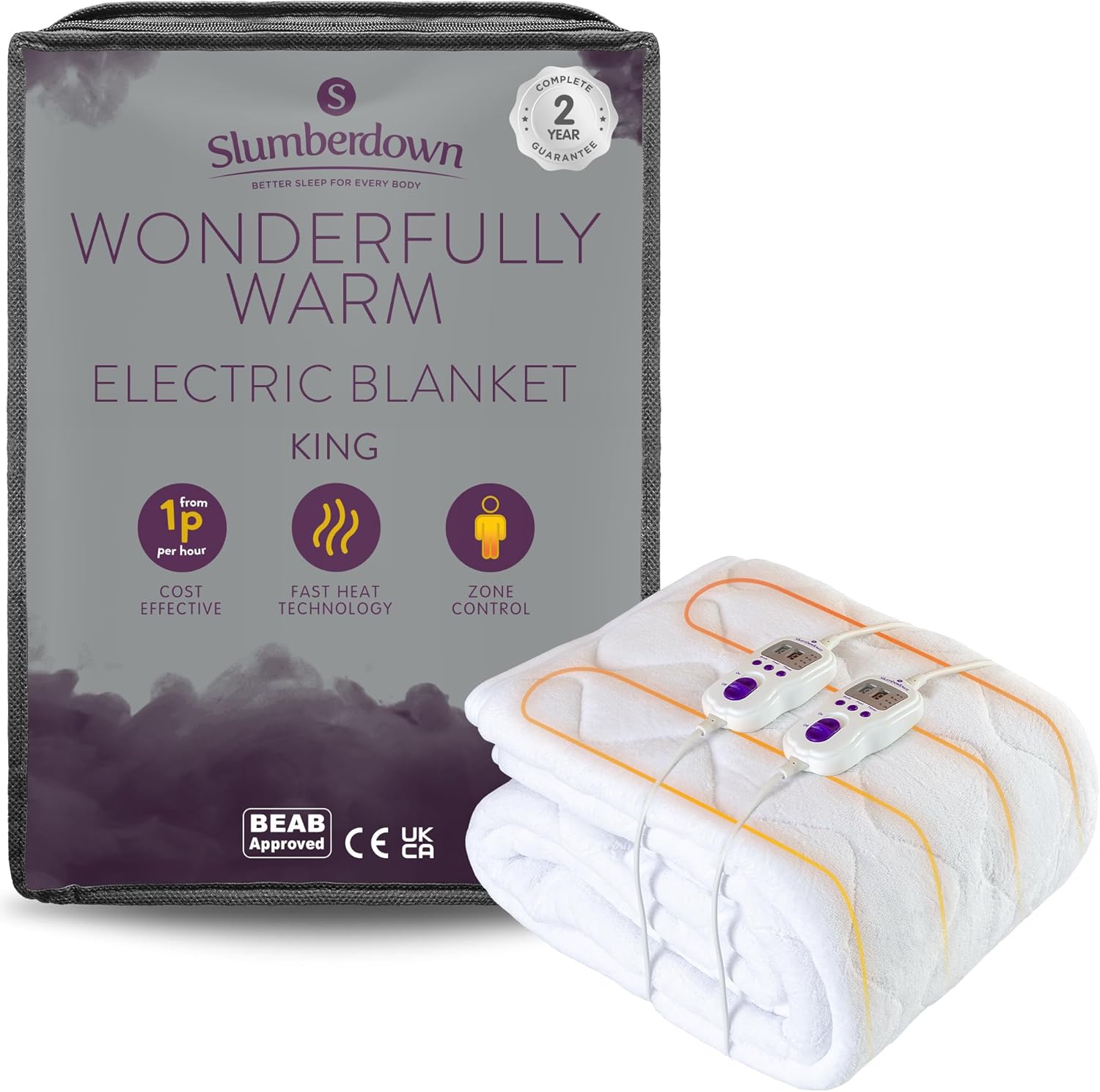 Slumberdown Wonderfully Warm Electric Blanket King Size - Dual Control 9-Heat Se...
