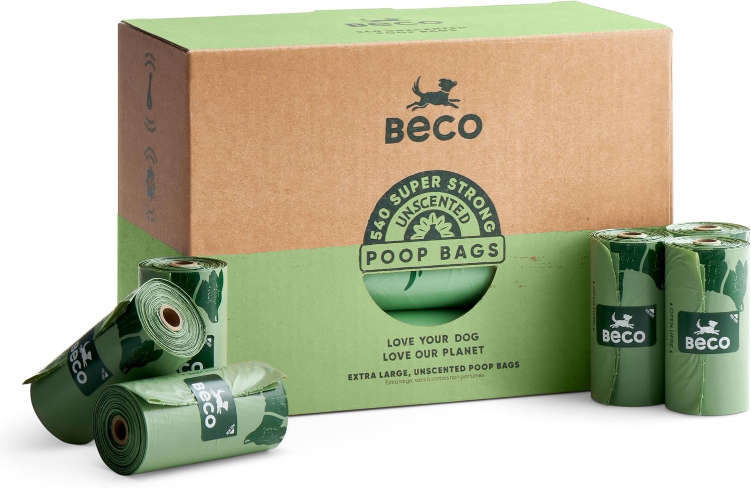 Beco Strong & Large Poop Bags - 540 Bags (36 Rolls of 15) - Unscented - Dispense...