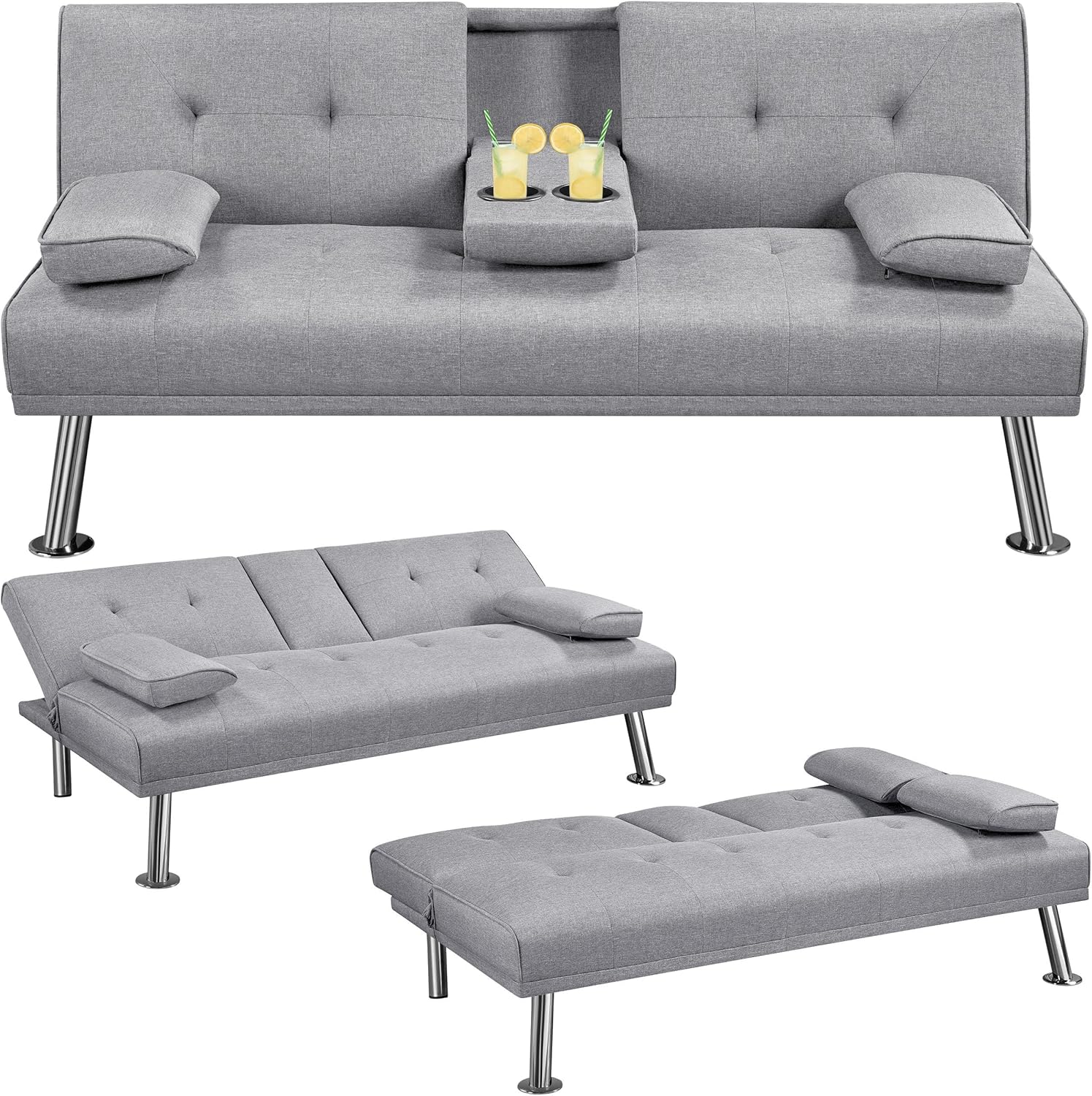 Versatile Yaheetech Sofa Bed, Convenient Fabric Click Clack Sofa Bed with 2 Cup...
