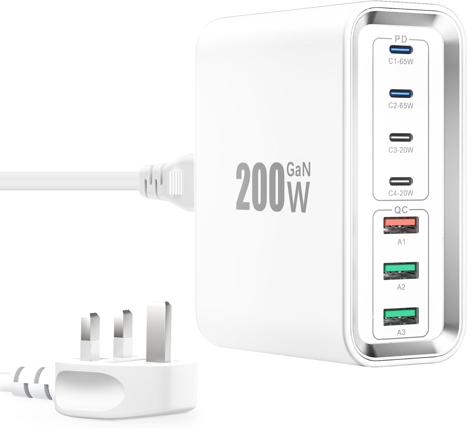 USB C Plug, 200W GaN 7-Ports Fast Charging Station Hub-Mutil Wall Charger with P...