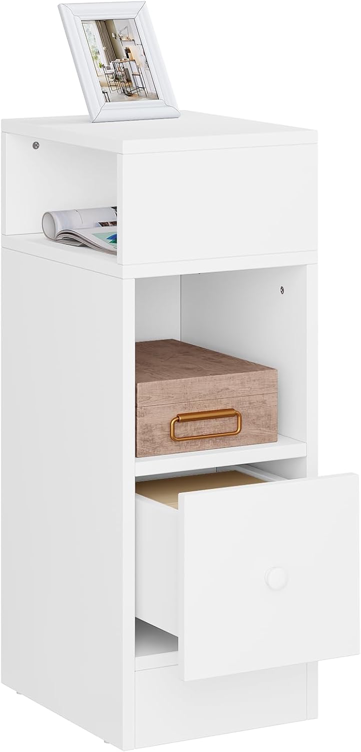 eSituro Narrow Bedside Table with 2 Open Compartments and 1 Drawer, White Nights...