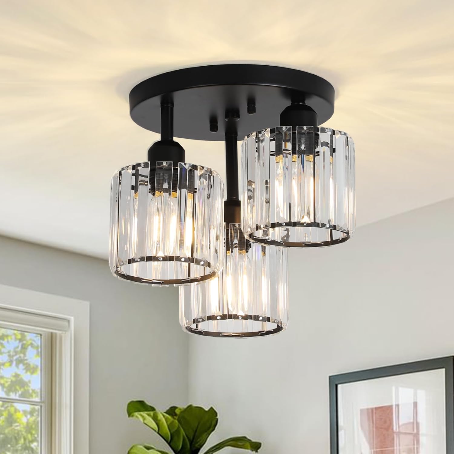 Rayofly Modern Crystal Chandeliers, Unique 3-Light Crystal Ceiling Light, Stylis...