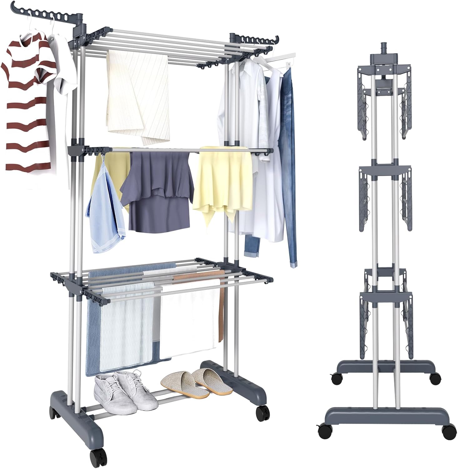 Trintion Clothes Drying Rack 3 Tier Adjustable Rolling Laundry Hanger with Folda...