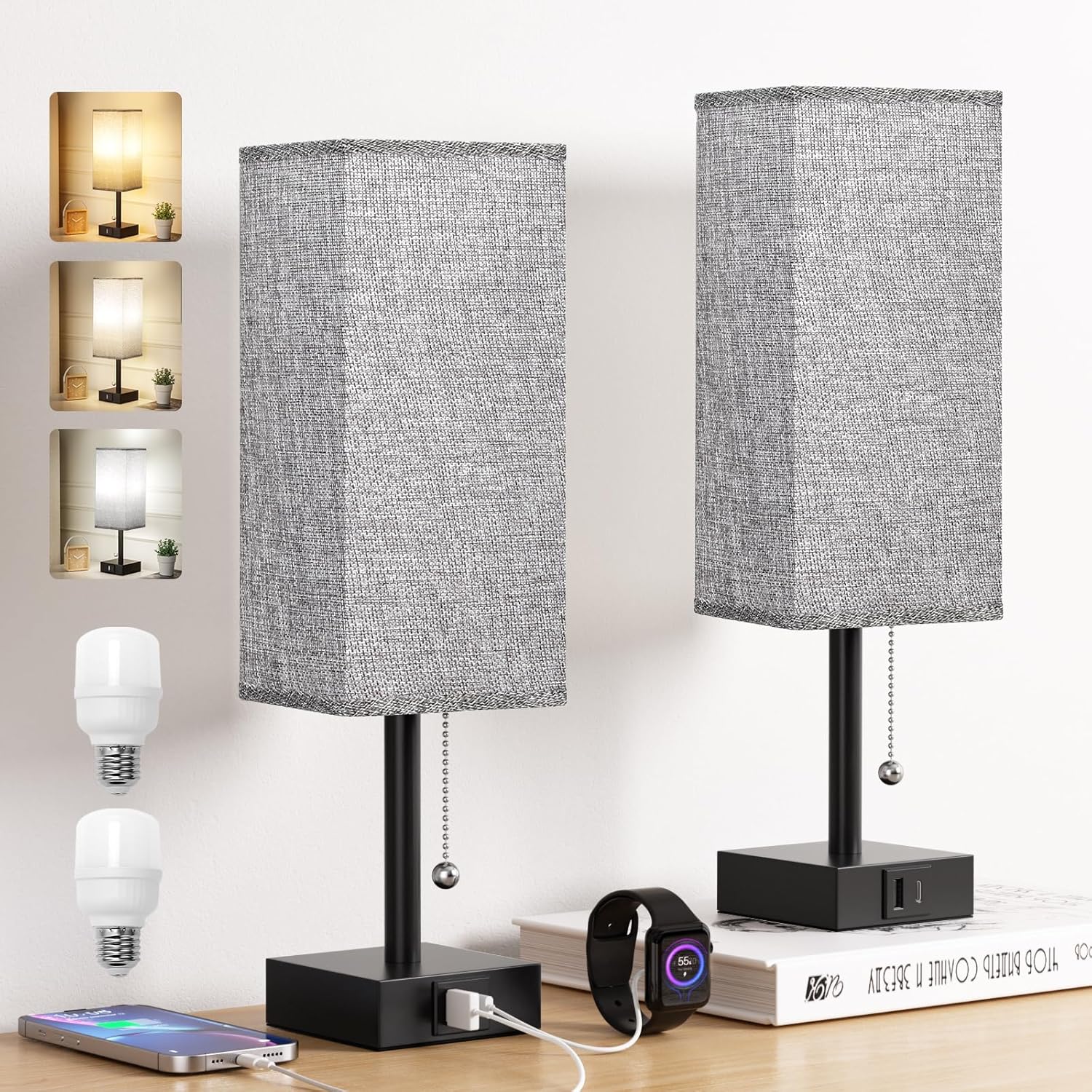 Aooshine Bedside Lamps Set of 2, Bedside Lamps with USB A+C Ports, Table Lamp fo...