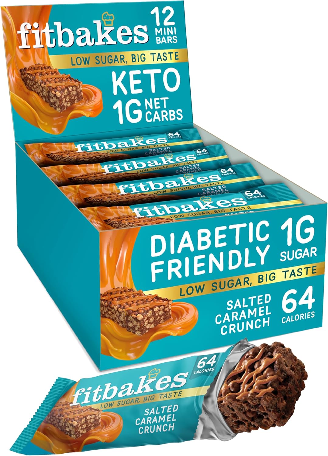Fitbakes 64 Calories Salted Caramel Bars, Diabetic Chocolate Keto Snack, 1 Net C...