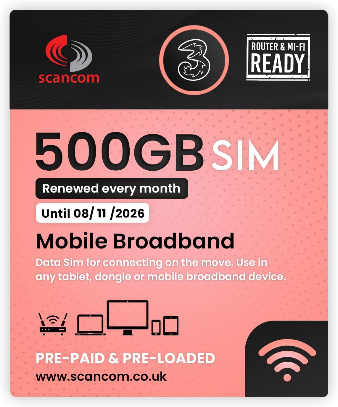 Three 500GB 5G Data SIM - Preloaded EVERY MONTH from now until 8th November 2026...