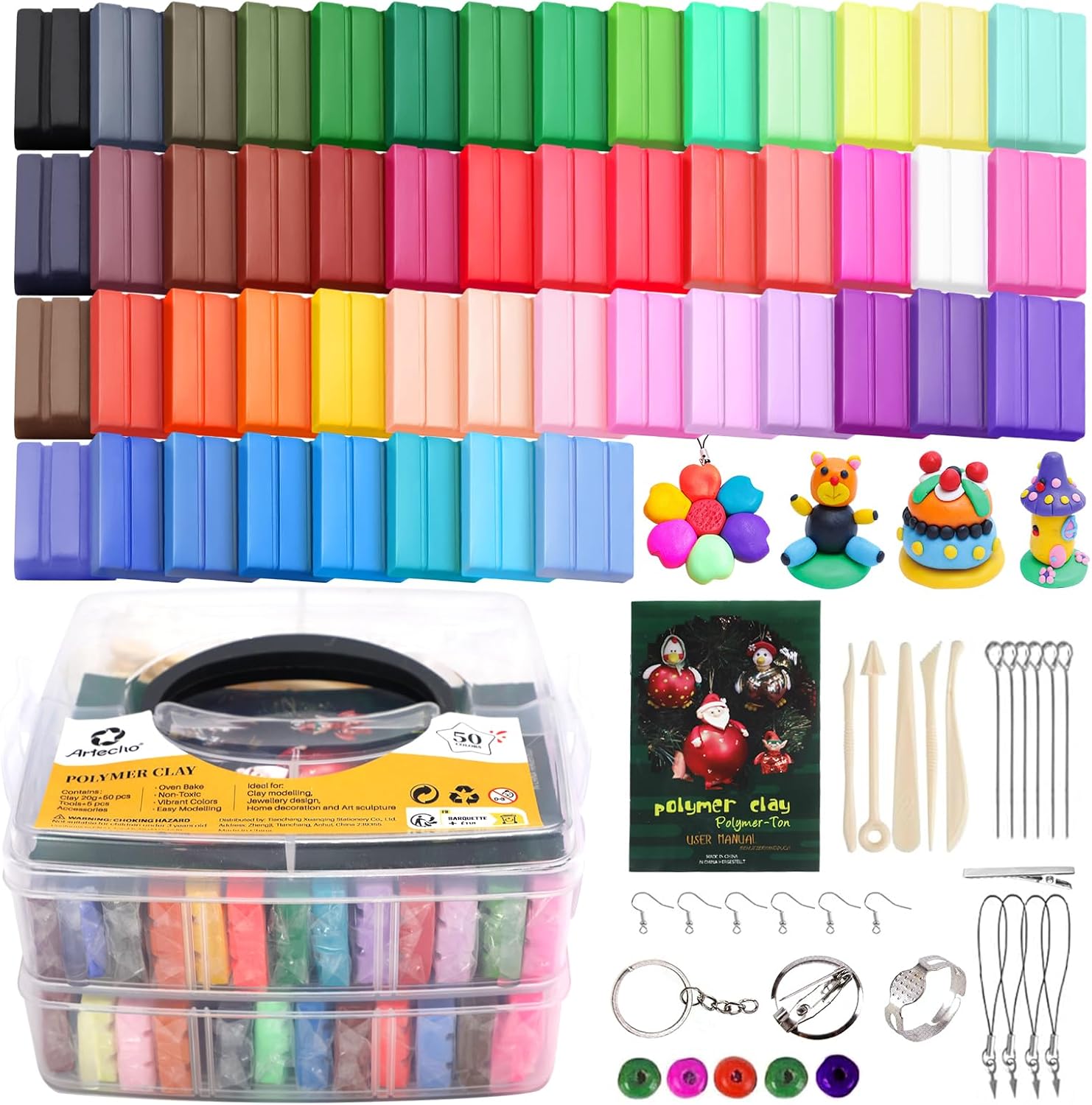 Artecho Polymer Clay Set, 50 Colors Modeling Clay Kit with 5pcs Clay Sculpting T...