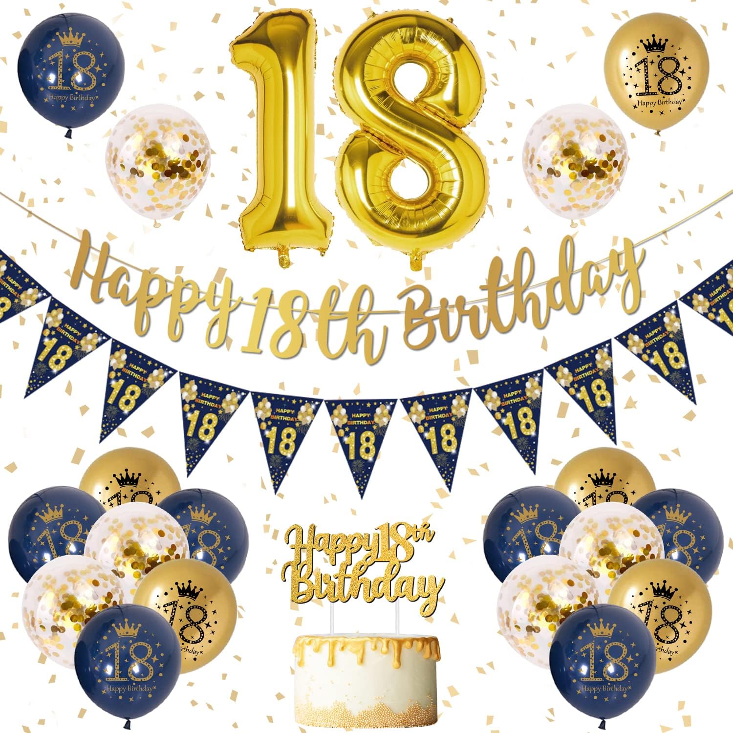 18th Birthday Decorations Boys Blue Gold Happy 18th Birthday Banner, 18th Birthd...