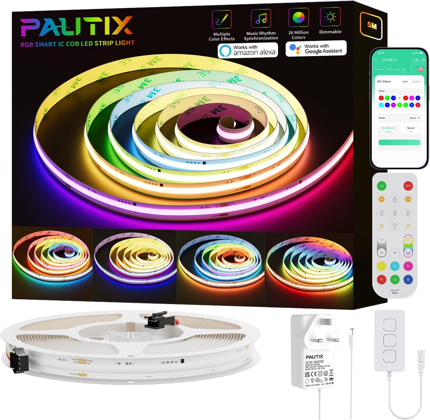 PAUTIX WiFi RGB Smart IC COB LED Strip 5M,DC24V Colour-Changing Pixel Addressabl...