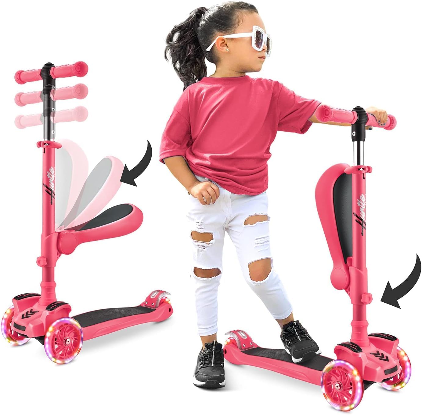 Hurtle 3-Wheel Try Scooter for Kids - Ages 2-12, Flip-able Seat, Foldable, Flash...