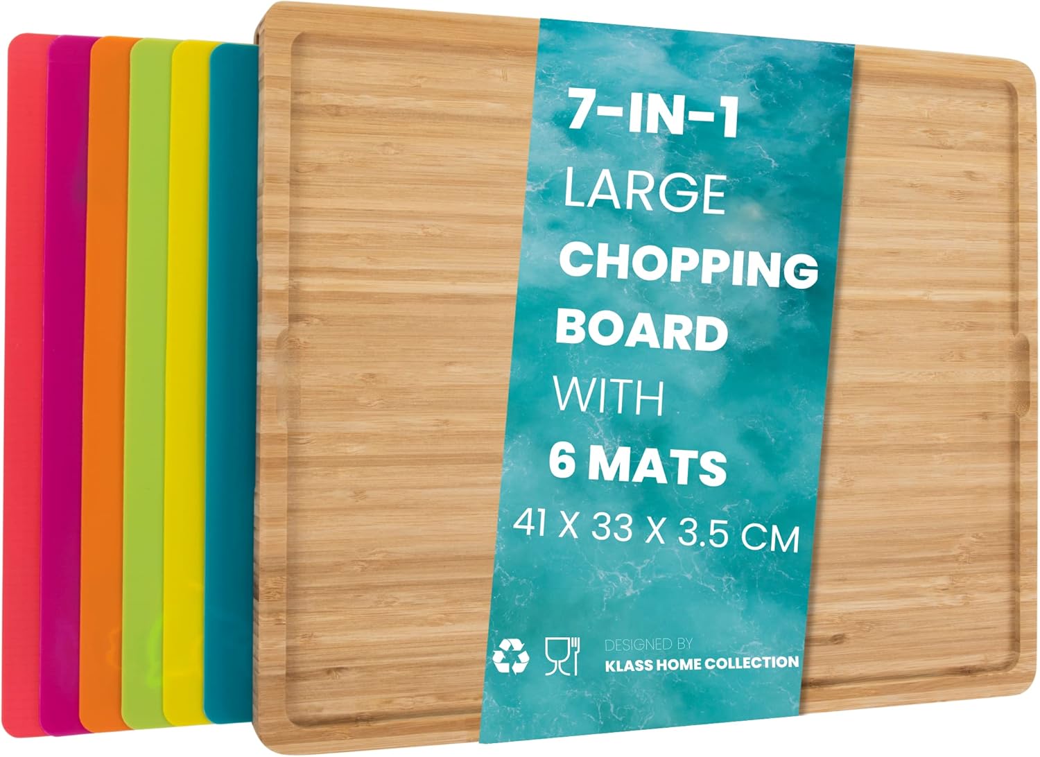 Klass 7 in 1 Chopping Board Bamboo Large Chopping Board with 6 Colour Coded Chop...