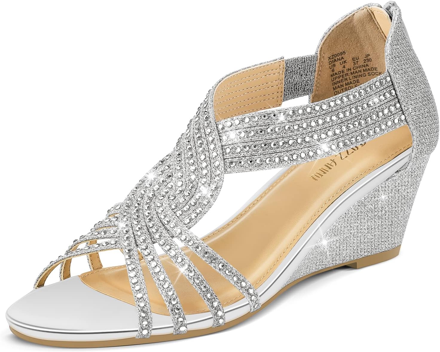 PIZZ ANNU Womens Sandals Mid Wedge Heel Glitter Shoes for Ladies Strappy Rhinest...