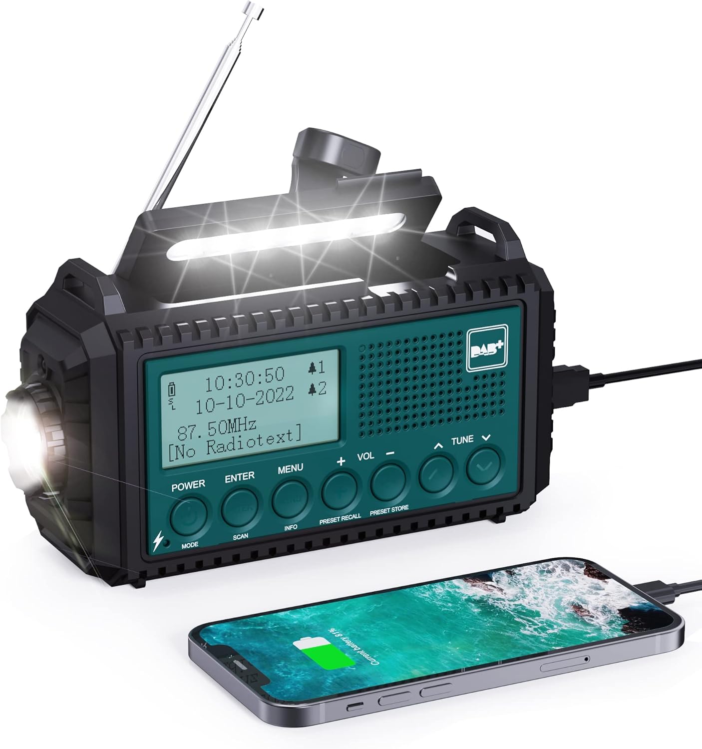 Crank Radio DAB+/DAB/FM with 5000 mAh Battery, Rechargeable, Emergency Radio wit...