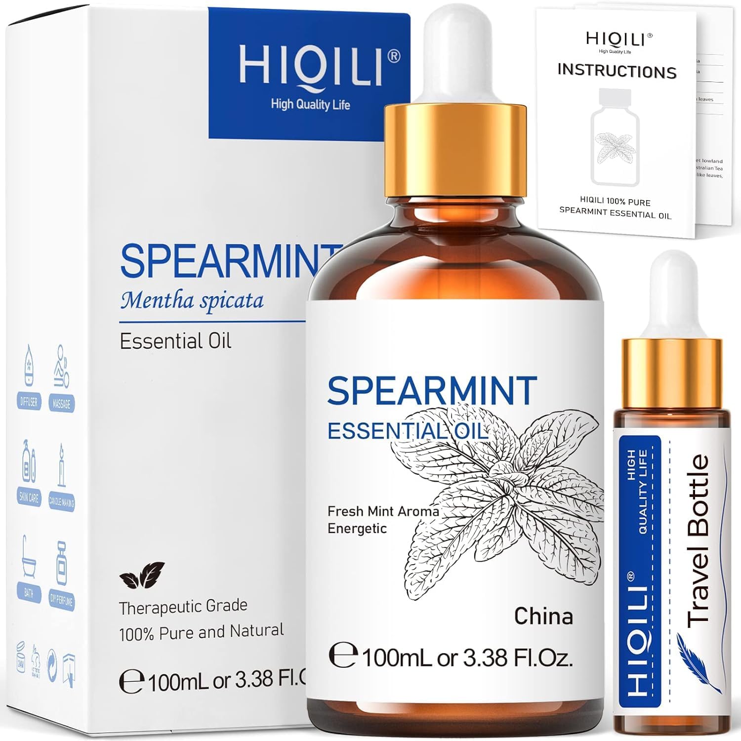 Pure and Natural HIQILI Spearmint Essential Oil, Special Essential Oil with Refr...