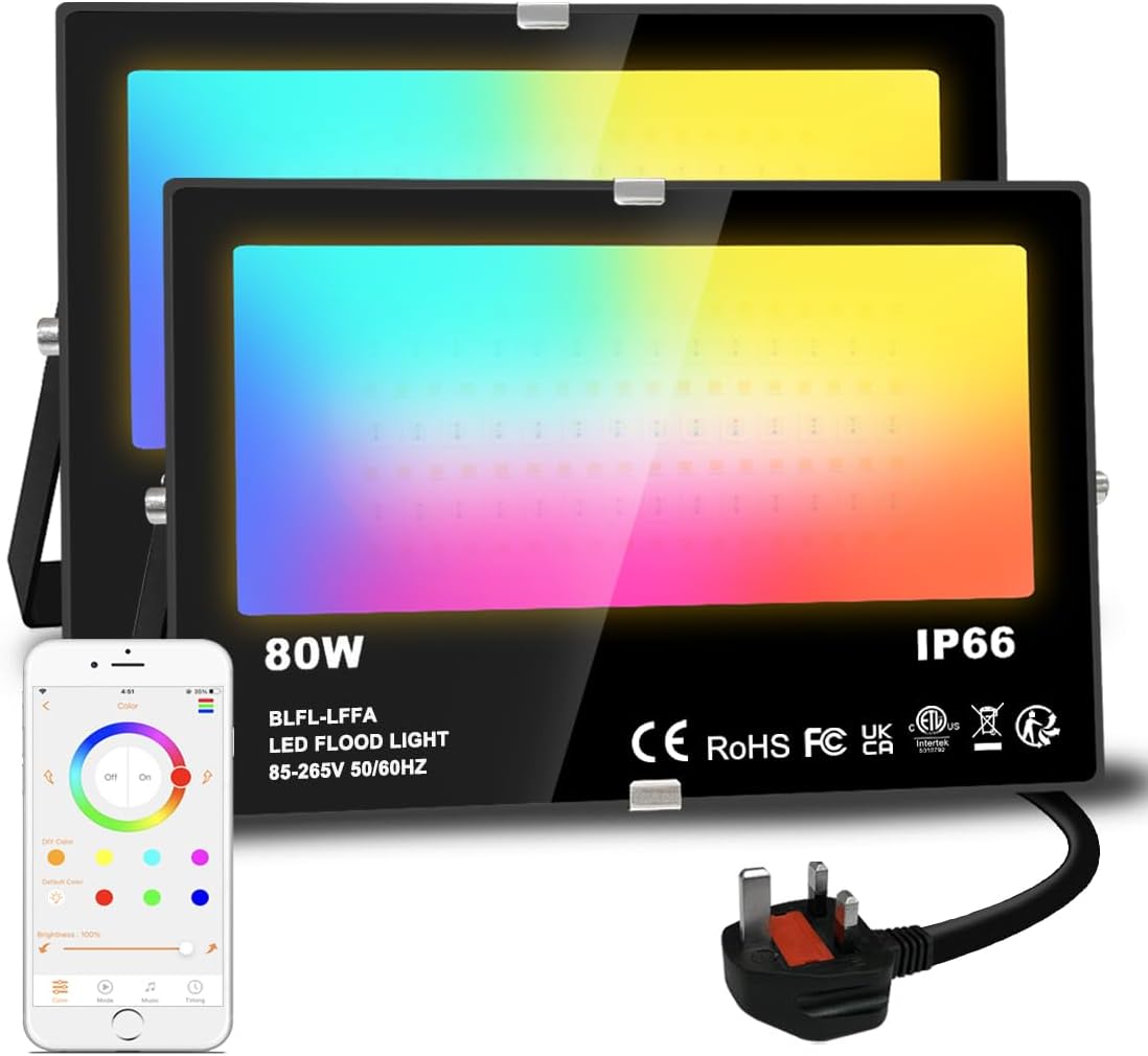 LED Floodlight 80W Equivalent 8000LM, Smart RGB Flood Lights Outdoor with APP Co...