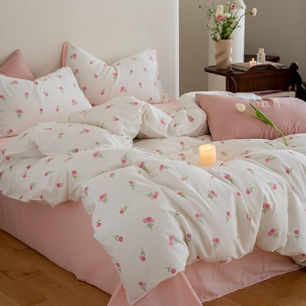 Lanqinglv King Duvet Cover Set Floral White Pink Tulips Flowers Bedding Modern C...