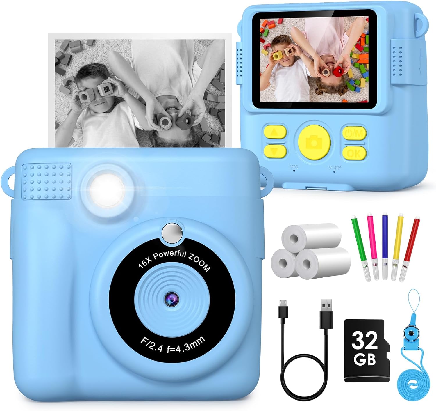 Gofunly Kids Camera Instant Print,1080P Instant Camera for Kids, 32GB Card, 3 Ro...