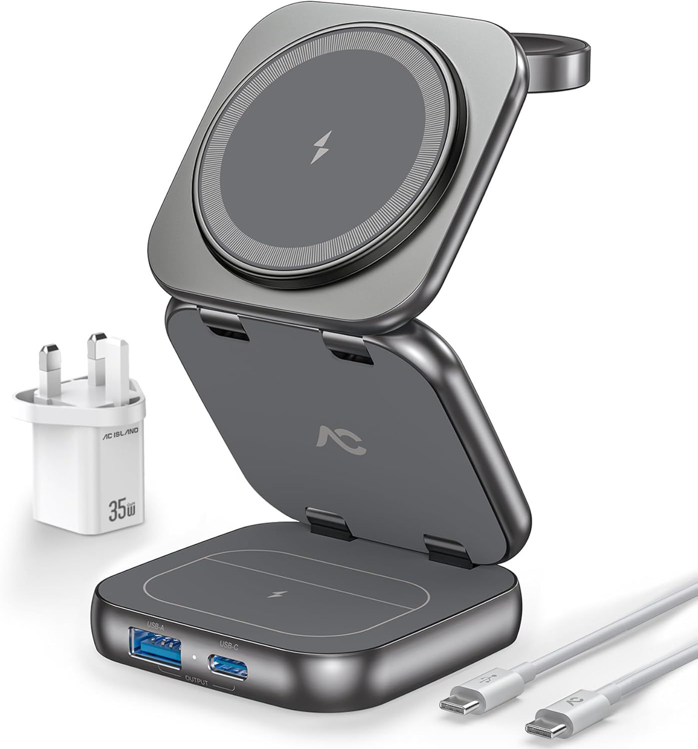 AC Island 5 in 1 Wireless Charging Station, Foldable Mag-Safe Charger Stand, Tra...
