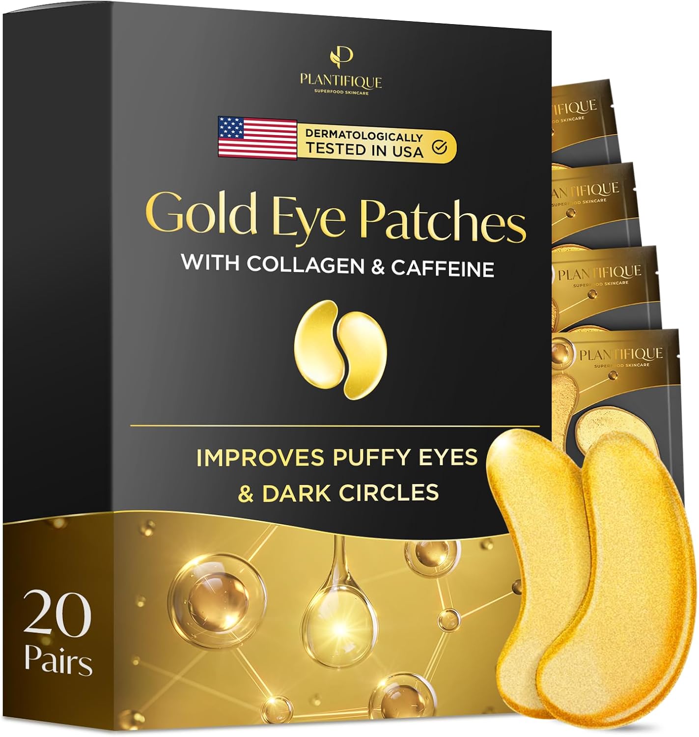 Plantifique Under Eye Gel Patches, 20 Pairs Gold Under Eye Patches for Dark Circ...