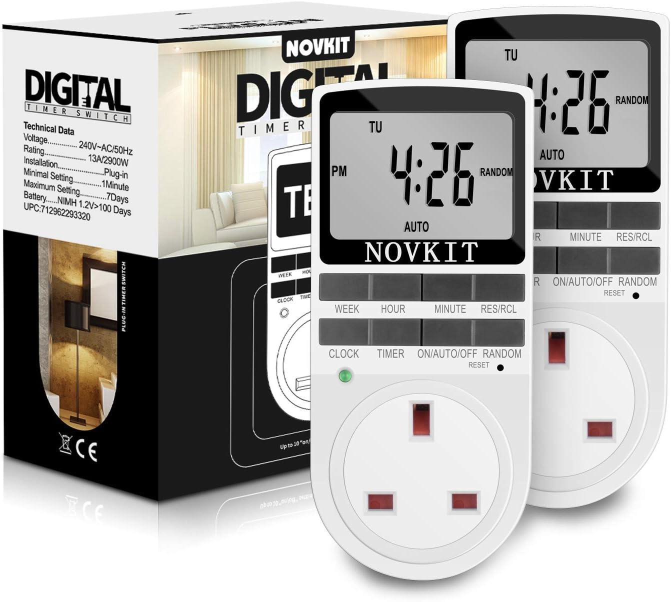 2 x NOVKIT Digital Security Timer Plug Socket Prog...