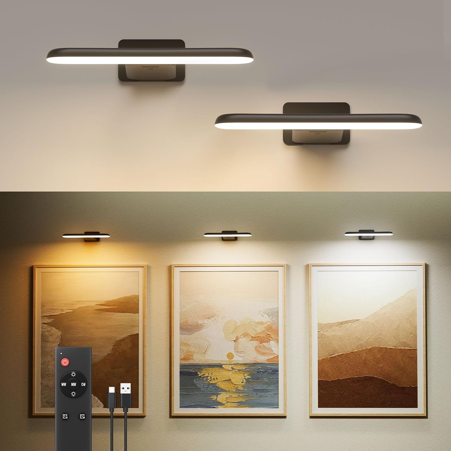 FULEN 2 Pack Picture Lights for Wall, Battery Operated Picture Light Rechargeabl...