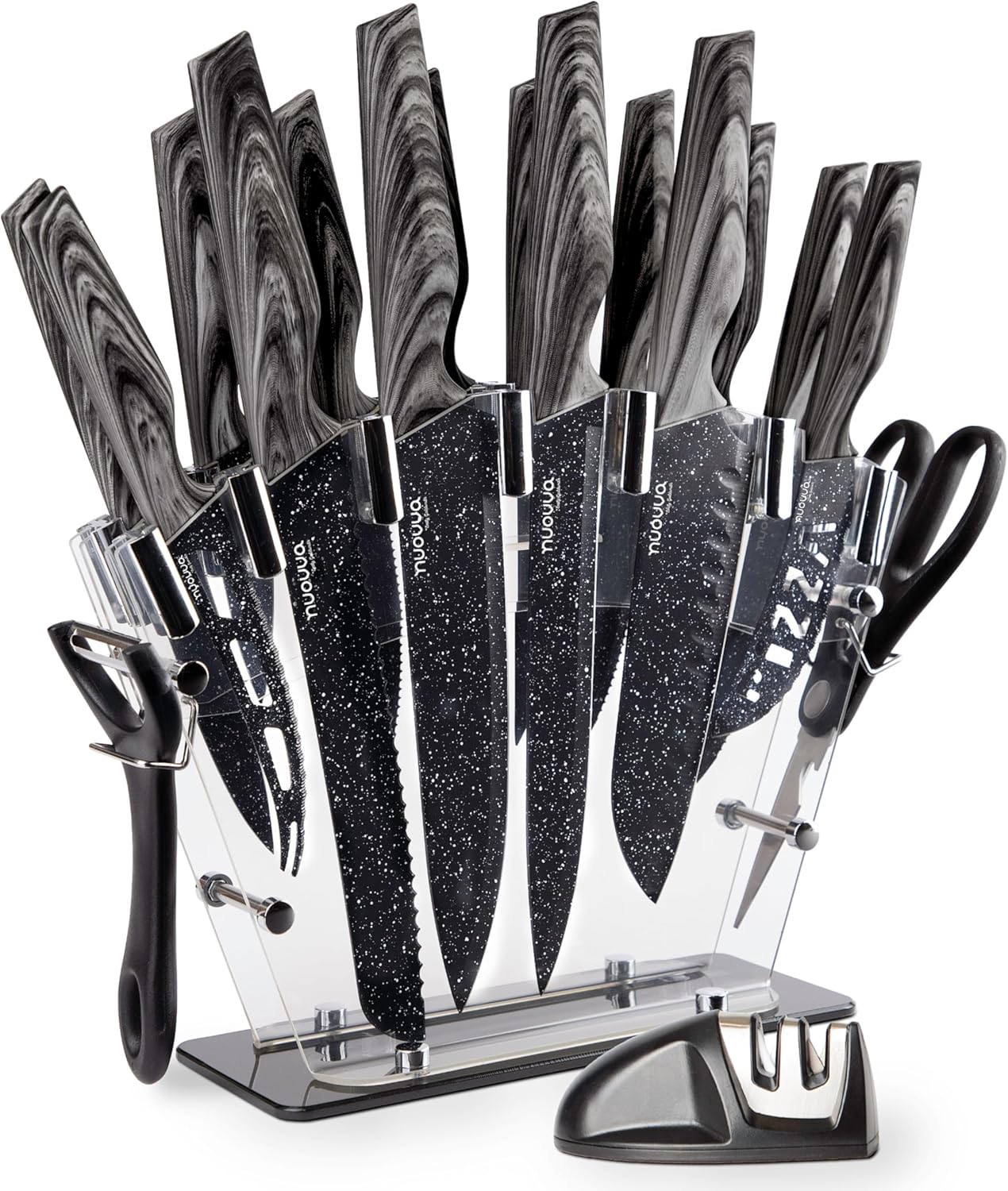 nuovva Professional Kitchen Knife Set with Block - Granite 17 Pcs with Knives Sh...