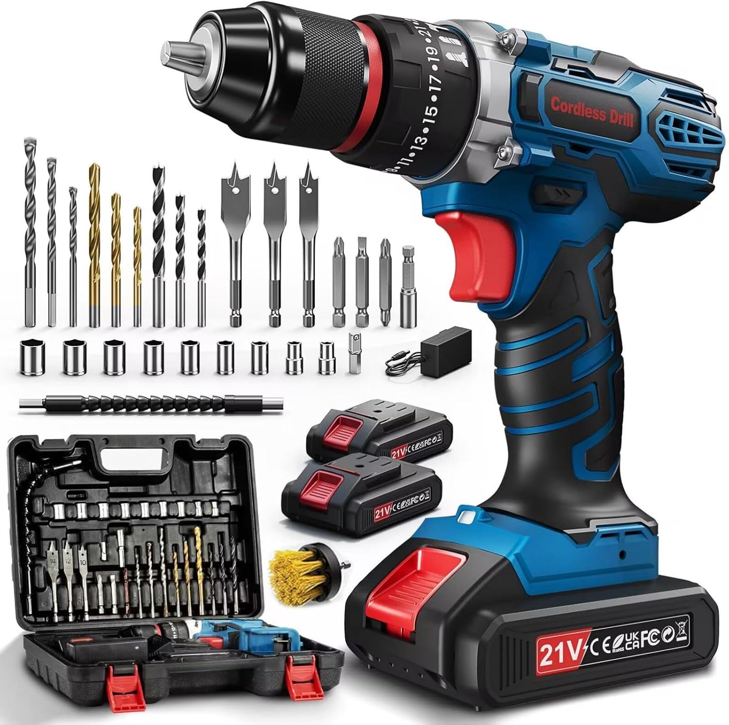 FAHEFANA 21V Cordless Hammer Drill with 2 Batteries 2.0Ah, 25+3 Torque, 2-Speed...