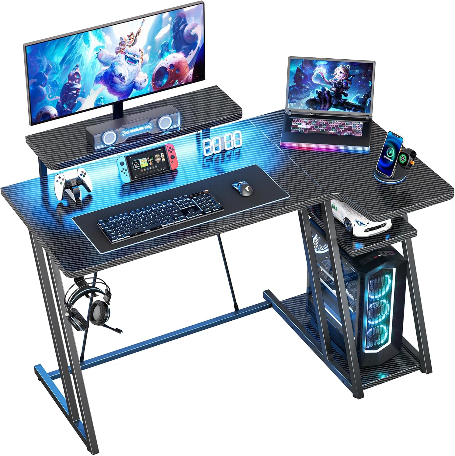 HOMIDEC Gaming Desk with LED Lights, 100CM Computer Desk with Monitor Stand, L S...