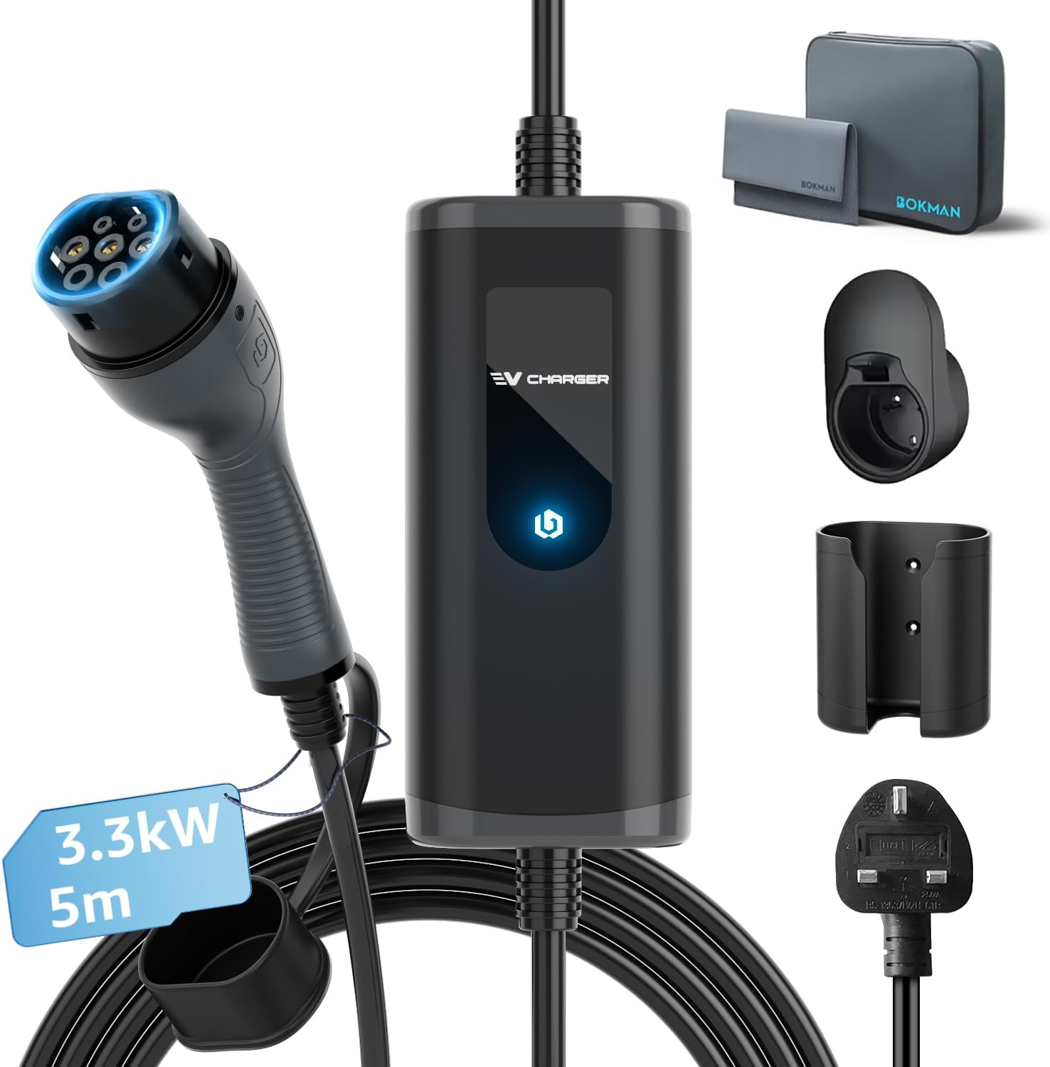 bokman EV Charger, Special Electric Car Charger Type 2 to 3 Pin Plug, High-Quali...