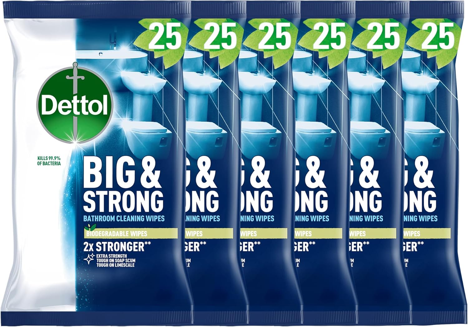 Dettol Big and Strong Bathroom Wipes, 25-Count, Pack of 6