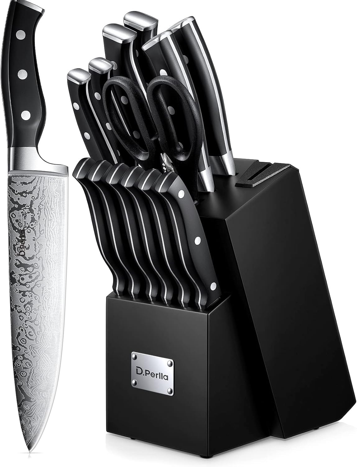 D.Perlla Knife Set, 14 Pieces Kitchen Knives Set with Self Sharpening Wooden Blo...