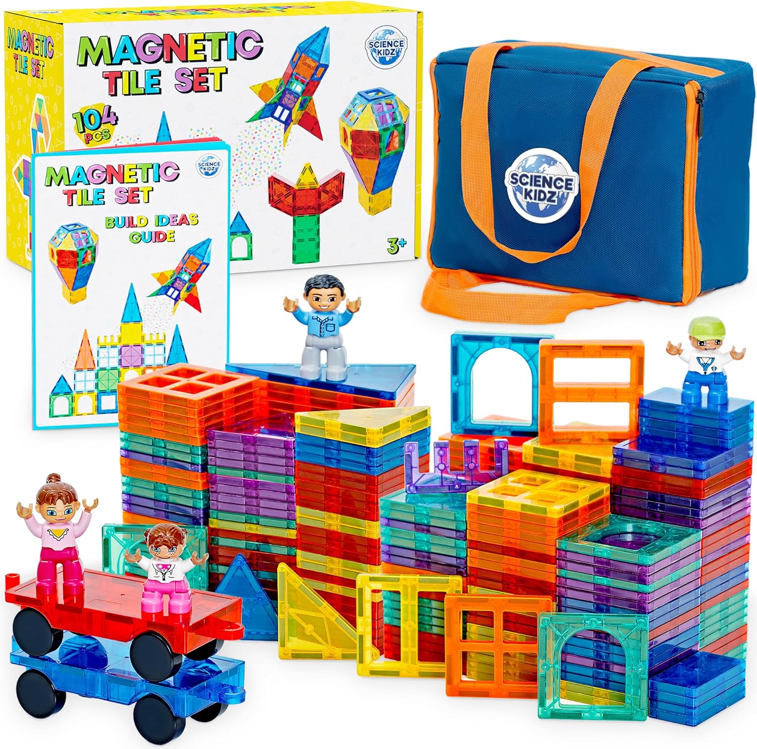 Science Kidz Magnetic Tiles - 100 Piece Set + 4 Play Figures + Storage Bag - Bui...