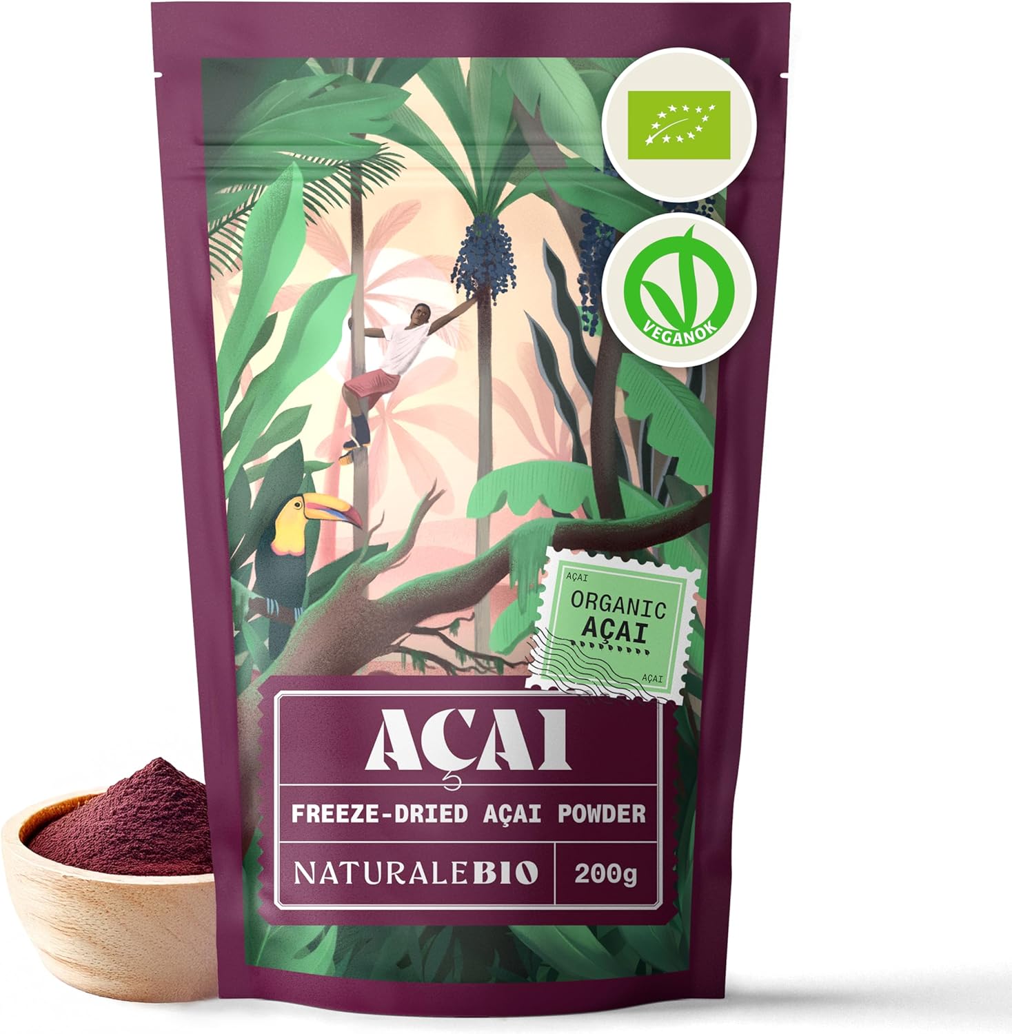 NaturalBio Organic Acai Berries Powder - Freeze-Dried - 200g. Brazilian Acai, Ly...