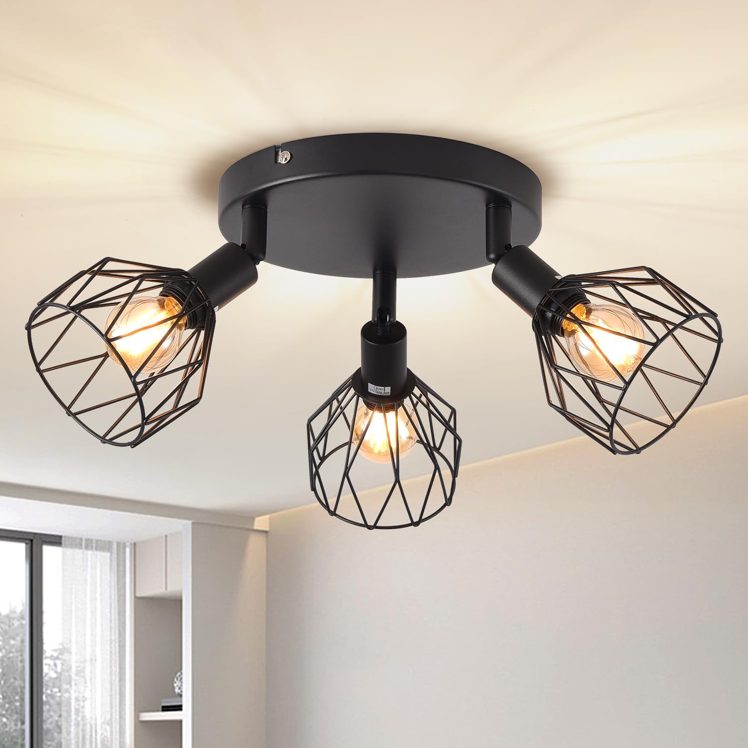 ANWIO Kitchen Lights Ceiling,Round 3 Way Black Lounge Industrial Wall Lights-Adj...
