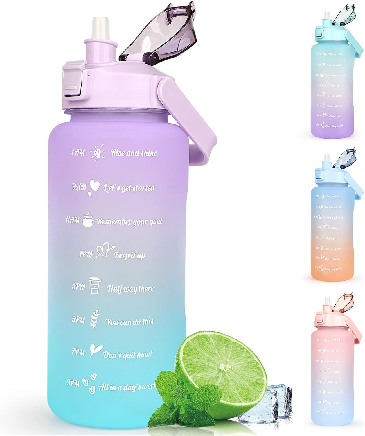 Water Bottle 2L BPA Free Sport Drinks Jug with Time Marking & Lock Cover, Leak P...