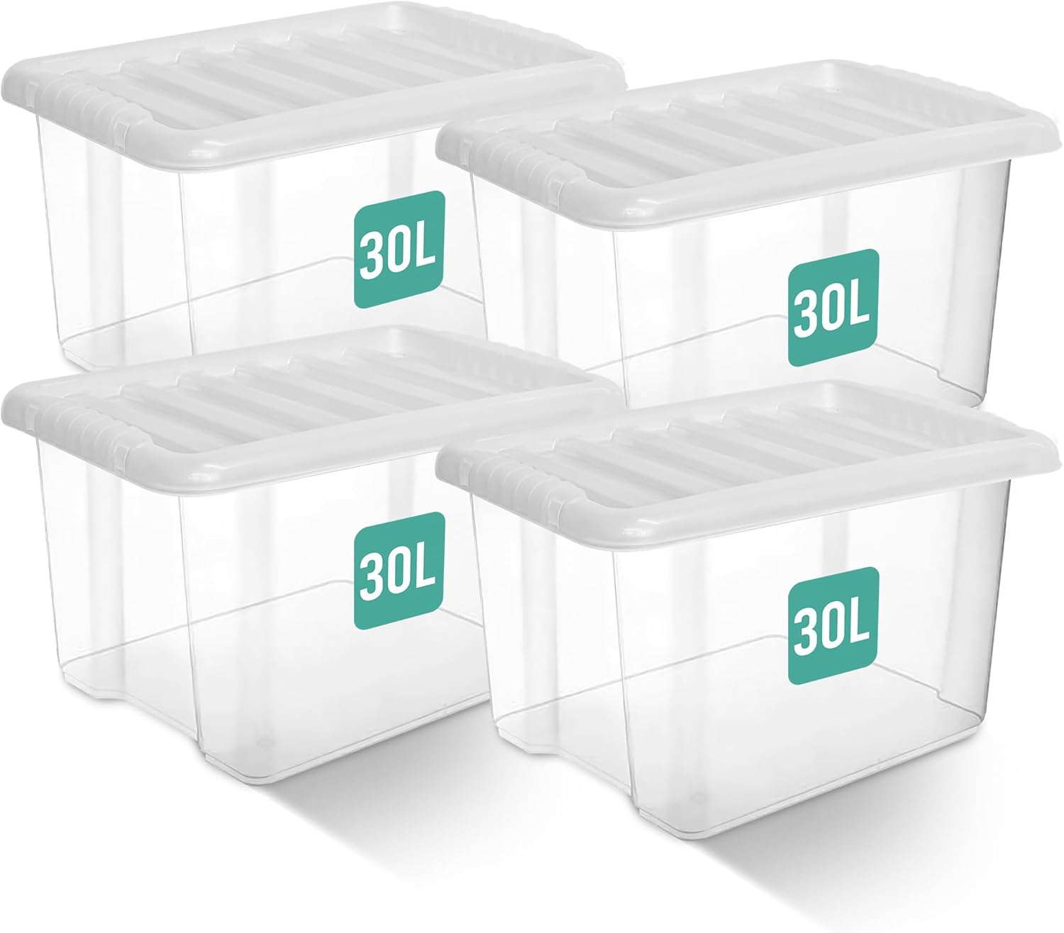 KLASS 30L Plastic Storage Box With Lid Set of 4, Clear Storage Boxes With Lids,...