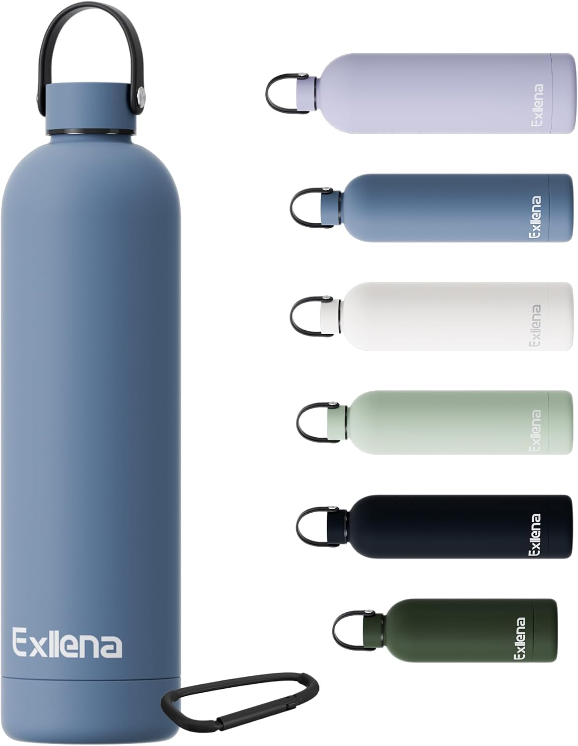 Exllena 1l Water Bottles Metal with Handle Lid and Carabiner, Double Wall Vacuum...