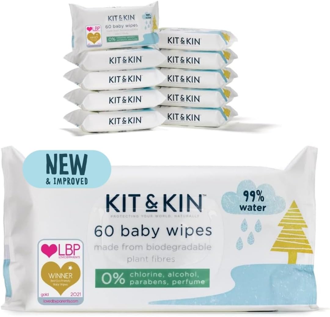 Kit & Kin Premium Eco Baby Wipes, 600 Wet Wipes (10 packs) | Biodegradable Plast...