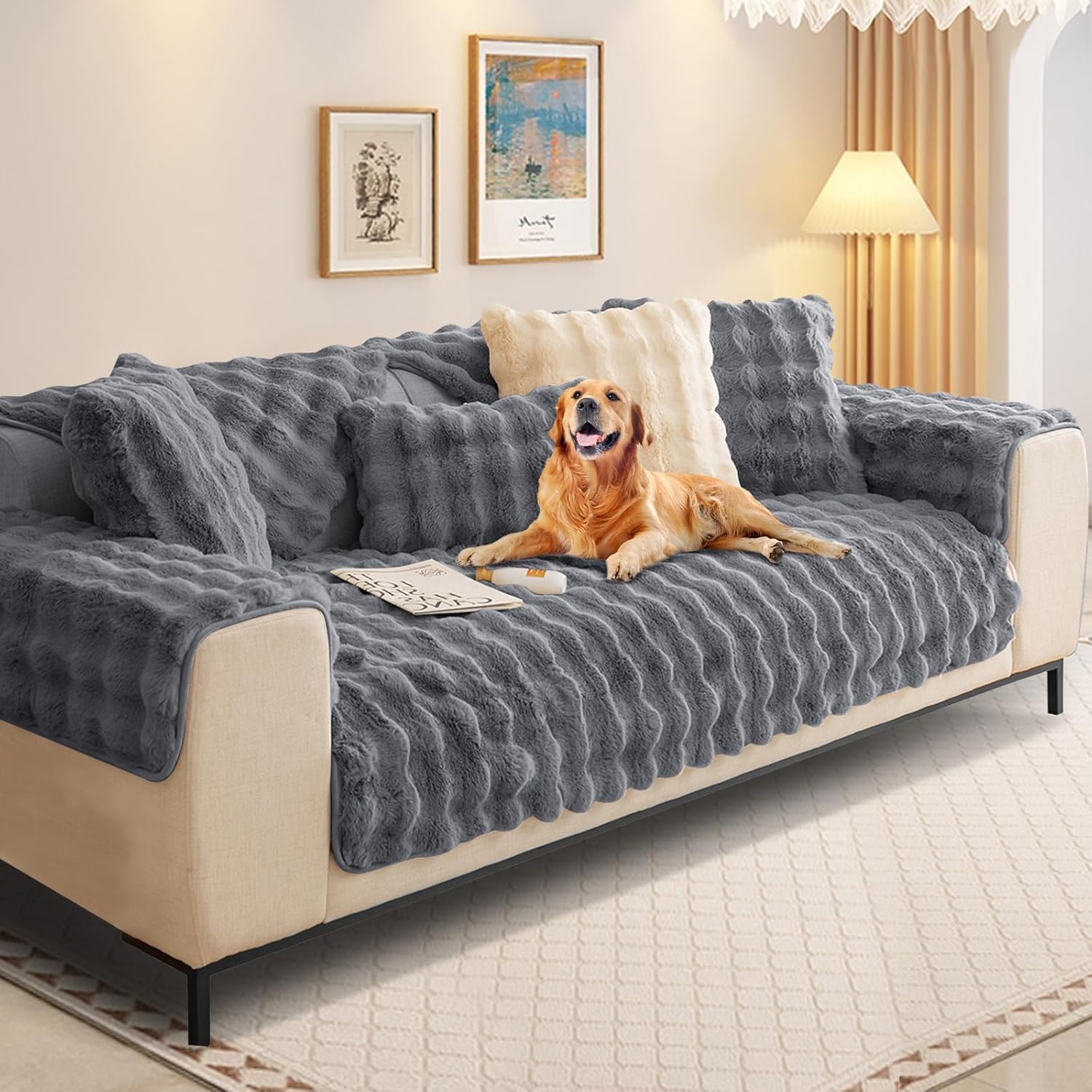 SHANNA Thick Rabbit Plush Sofa Cover 1 2 3 Seater, New Universal Non-Slip Corner...
