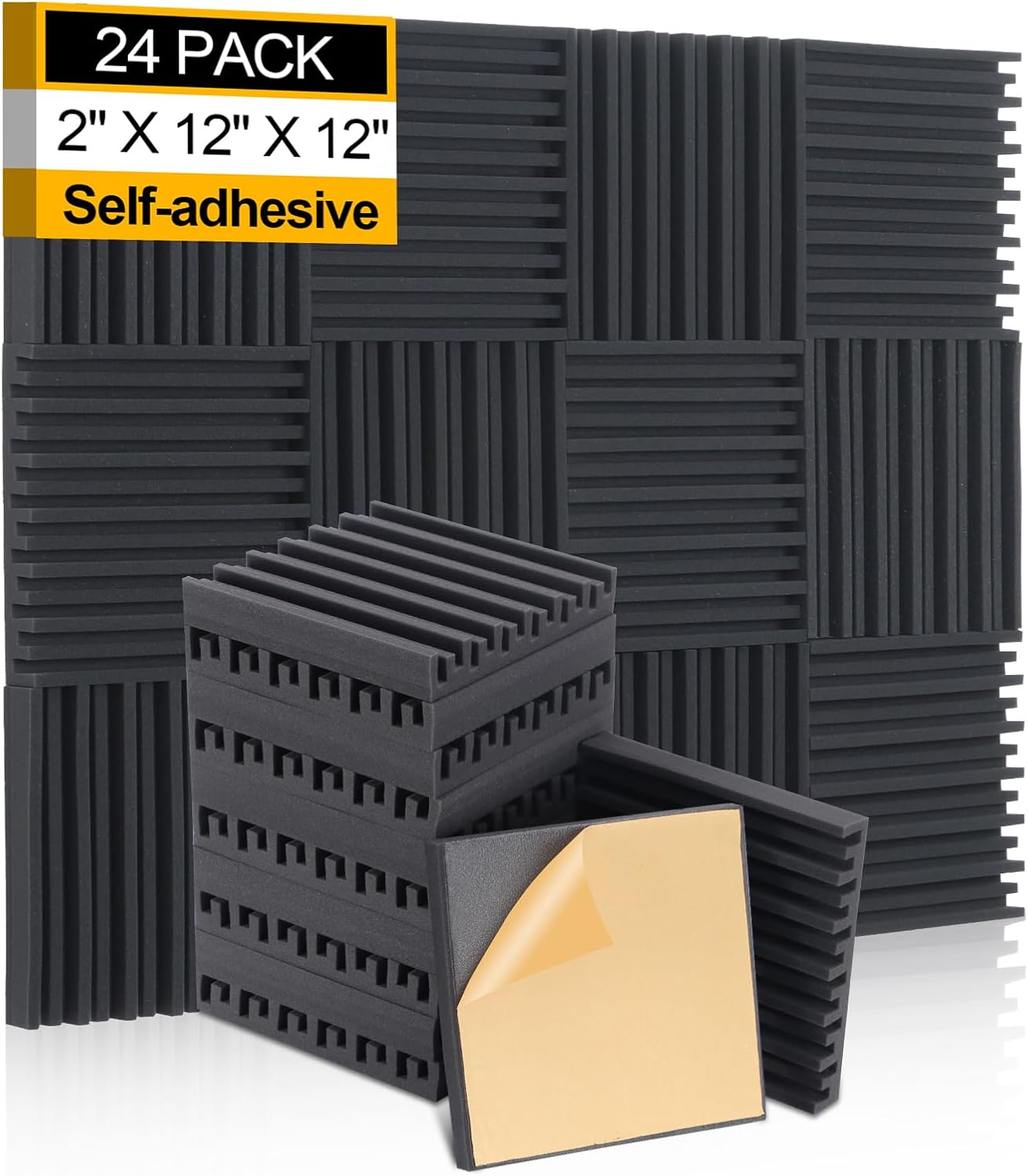 AUSLET 24 Pack Sound Proofing Panels with Self Adhesive 12" x 12" x 2" High Dens...