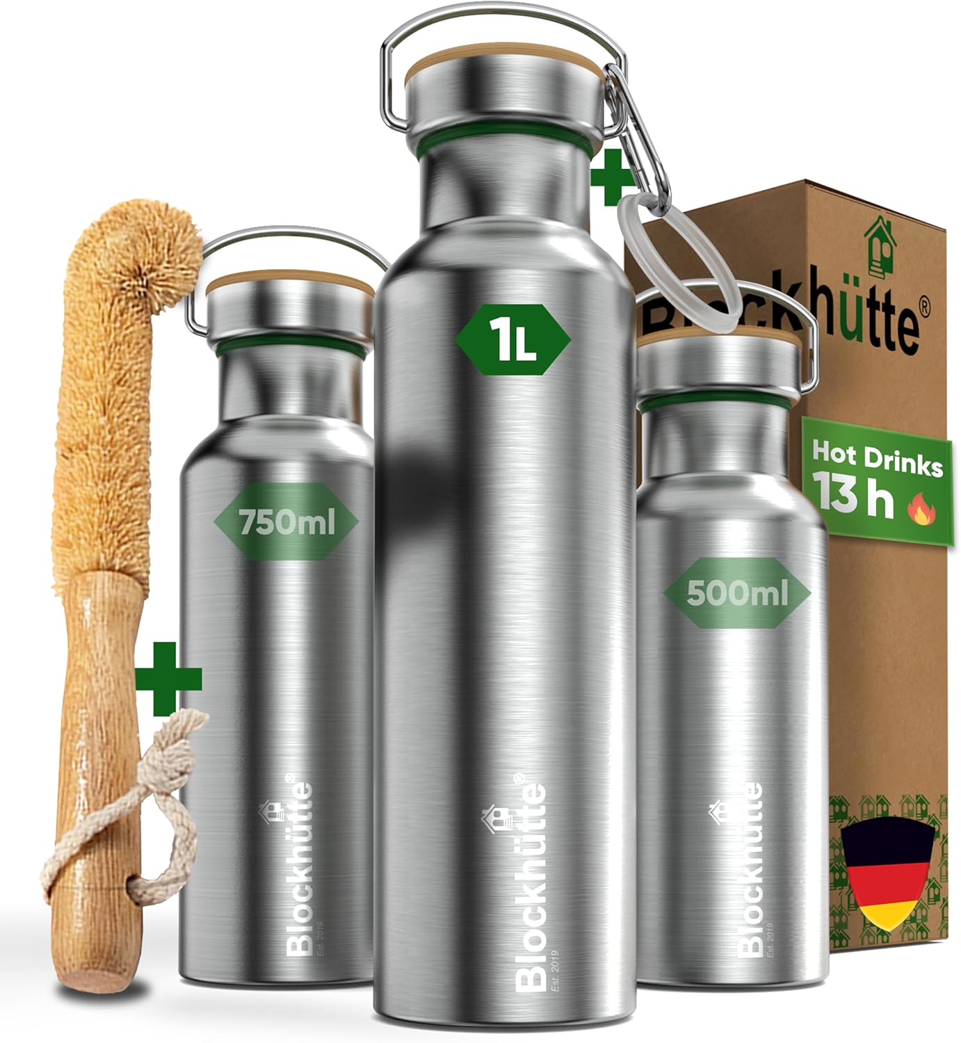 Blockhütte Stainless Steel Water Bottle, Premium Insulated Metal Flask, Eco-Frie...