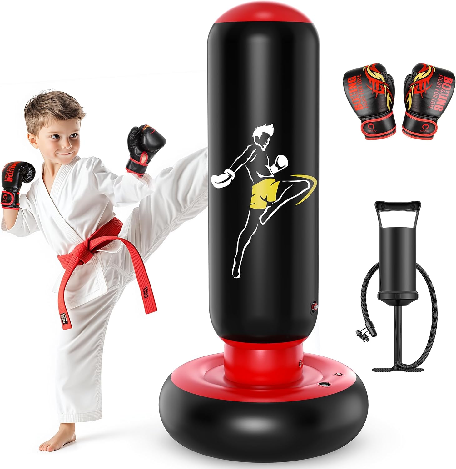 QPAU Kids Punching Bag Toy with Boxing Gloves, 66 Inch Larger Stable Kids Inflat...