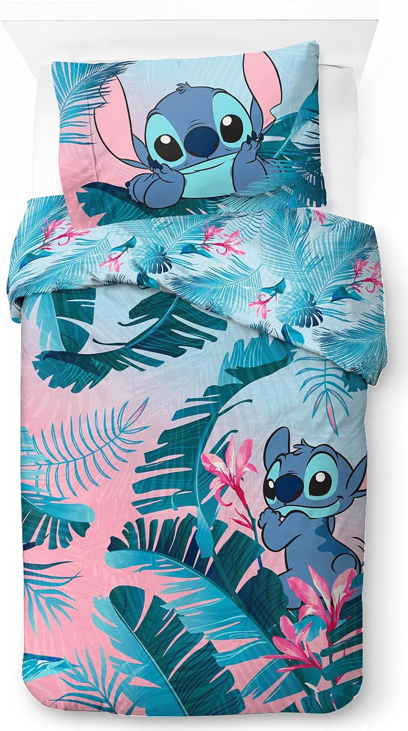 Jay Franco Disney Lilo & Stitch Floral 100% Cotton Single Duvet Cover Set - Incl...