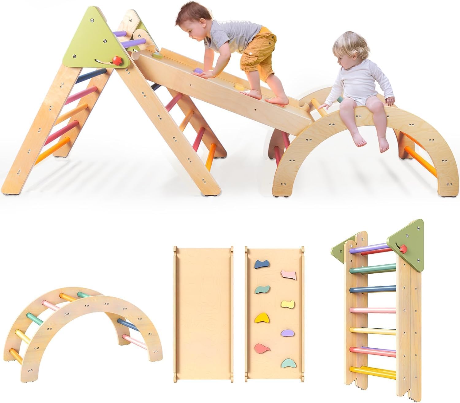 LOL-FUN 7in1 Wooden Climbing Frame for Toddlers, Foldable Baby Climbing Toys Pik...