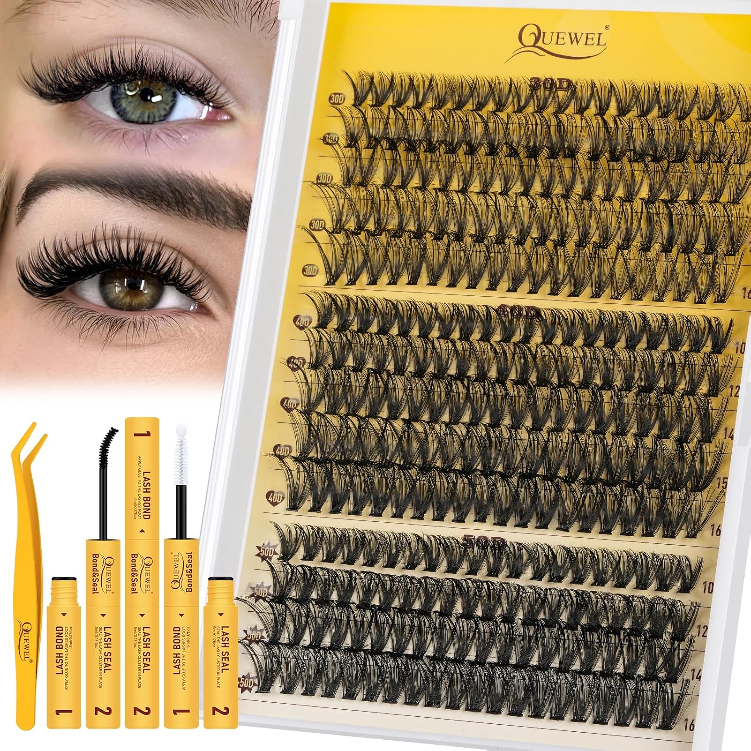 QUEWEL Clusters-Lashes Kit 30+40+50D Lash Clusters Mixed 10-16mm, D Curl Eyelash...