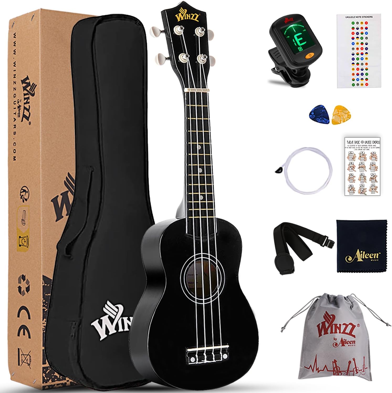 Winzz Soprano Ukulele Starter Kit For Beginners with Bag, Clip-On Tuner, Extra S...
