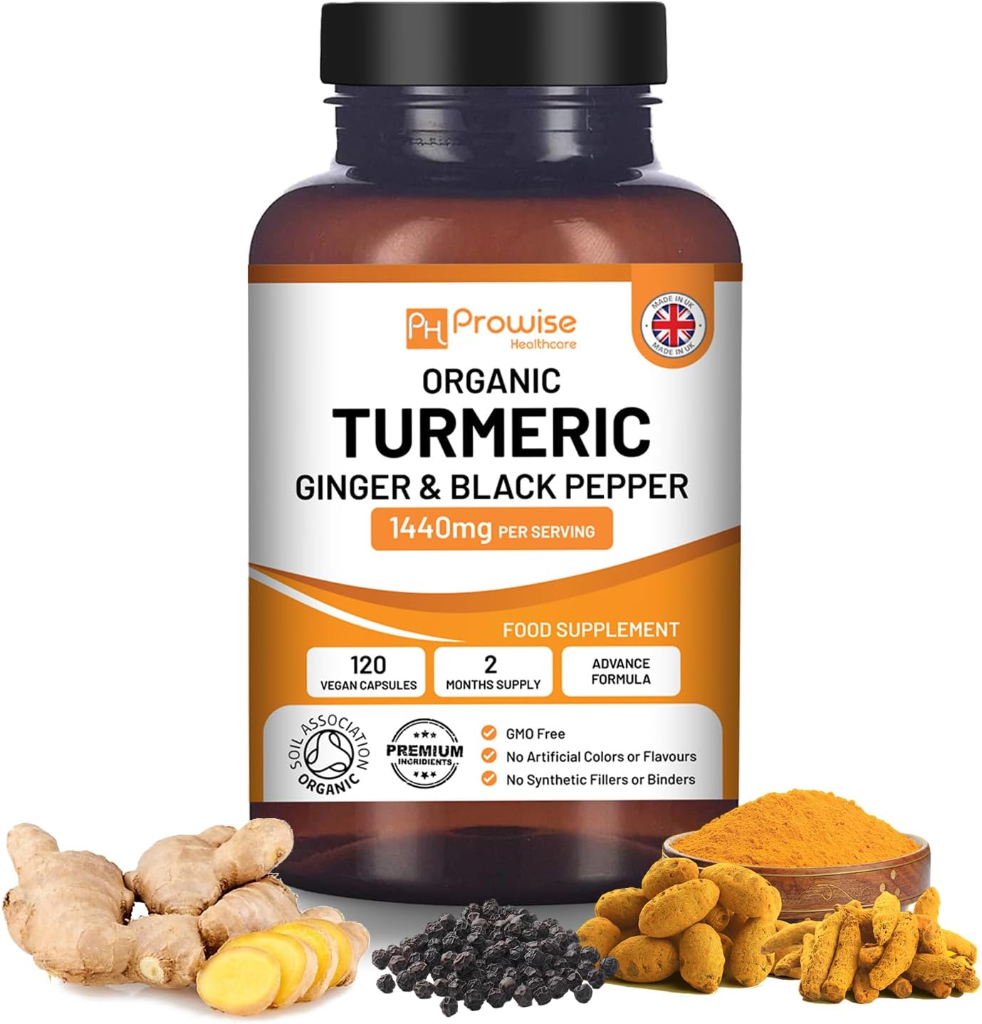 Organic Turmeric Capsules High Strength 1440mg | 120 Capsules with Black Pepper,...