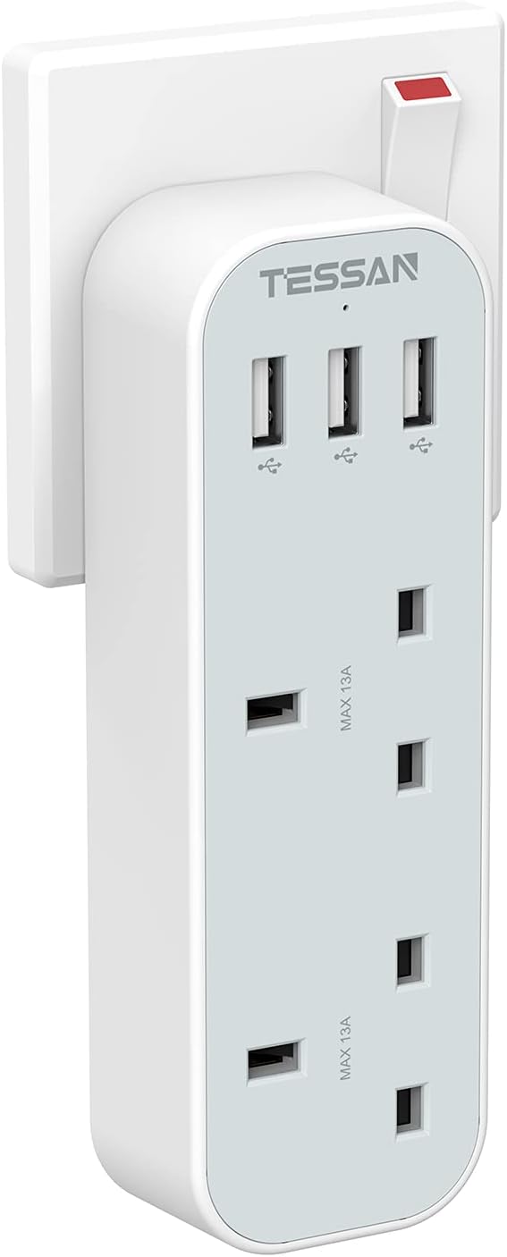 TESSAN Double Plug Adaptor UK with 3 USB, 2 Way Mu...