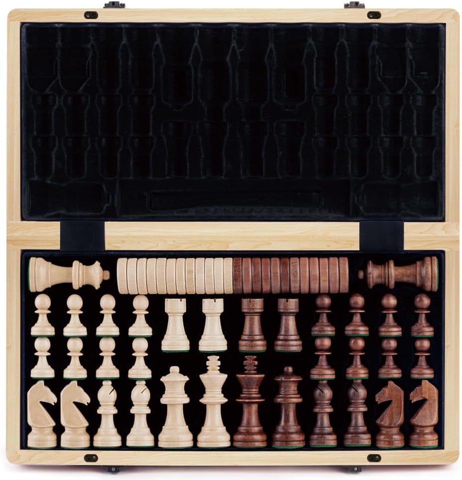 A&A 15 inch Wooden Folding Chess & Checkers Set w/ 3 Inch King Height Staunton C...